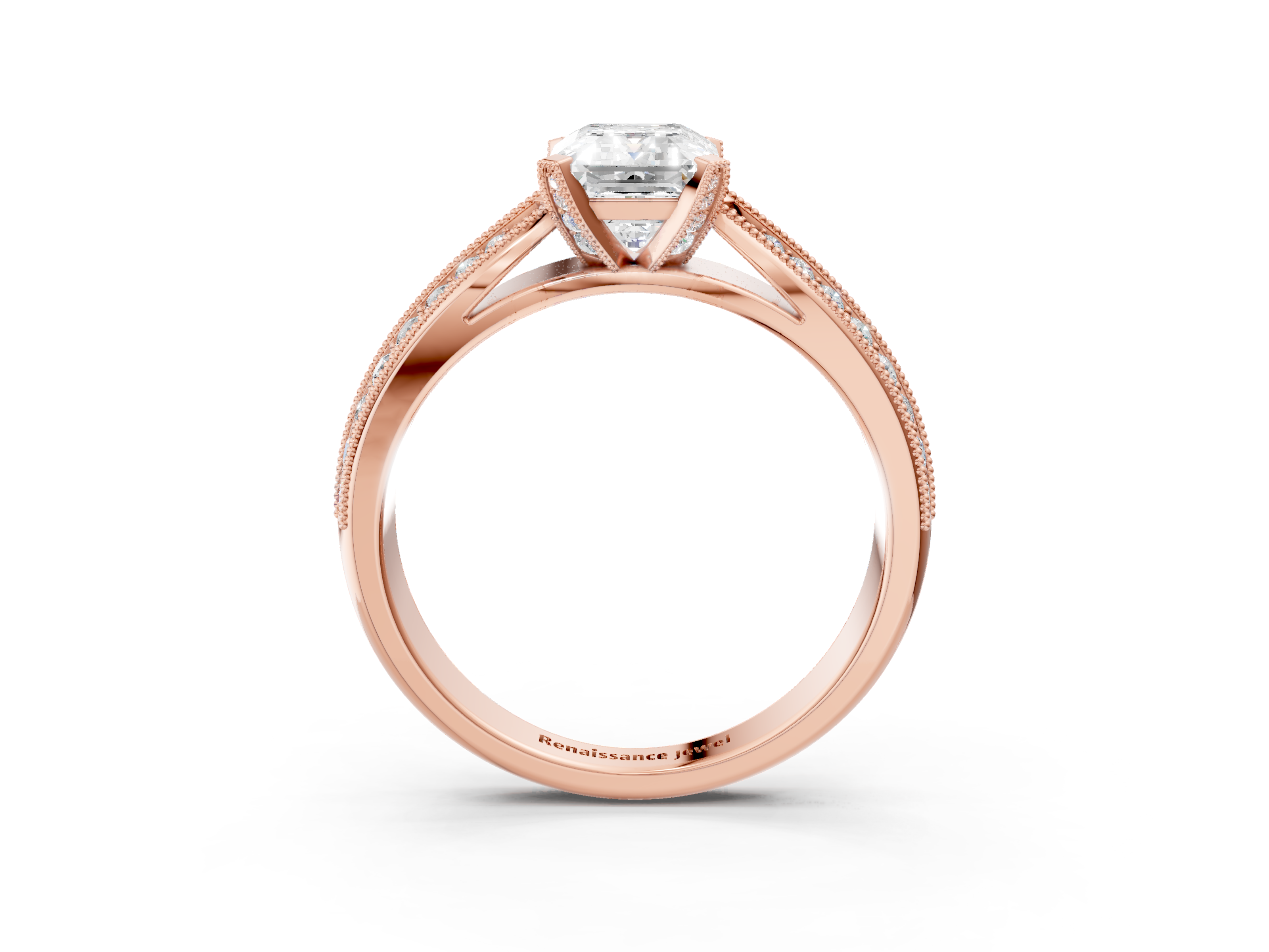 Rose gold Emerald Cut Moissanite   Solitaire Diamond Ring with Milgrain Pavé Band and Four-Prong Setting_42