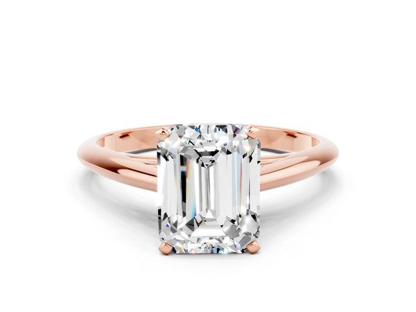 Rose gold Emerald Cut Moissanite Solitaire Engagement Ring with Cathedral Setting and Four-Prong Mount