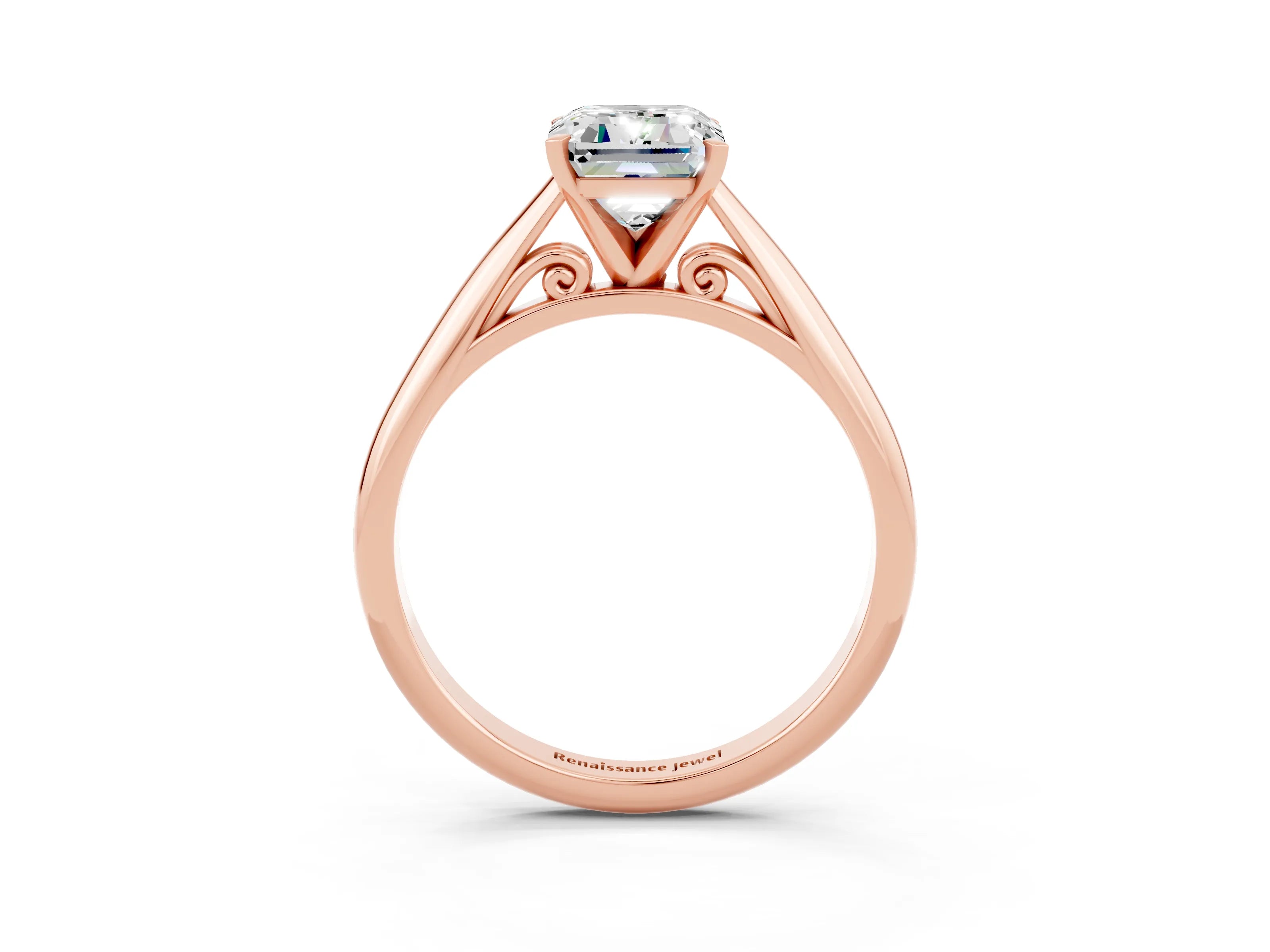 Rose gold Emerald Cut Moissanite Solitaire Engagement Ring with Cathedral Setting and Four-Prong Mount_15
