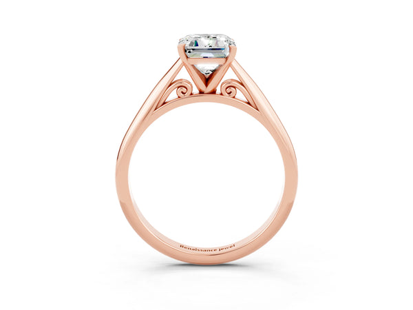 Rose gold Emerald Cut Moissanite Solitaire Engagement Ring with Cathedral Setting and Four-Prong Mount