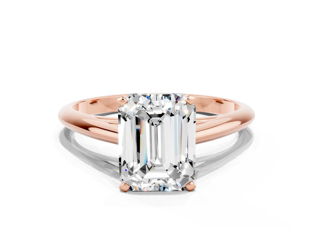 Rose gold Emerald Cut Moissanite Solitaire Engagement Ring with Cathedral Setting and Four-Prong Mount_66