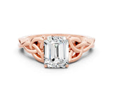 Rose gold Emerald Cut Moissanite Solitaire Engagement Ring with Celtic Knot Band and Four-Prong Setting