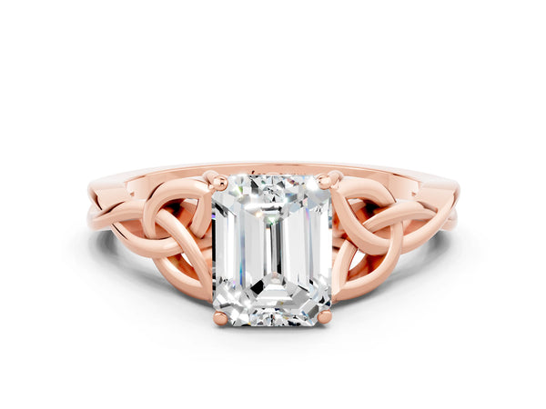 Rose gold Emerald Cut Moissanite Solitaire Engagement Ring with Celtic Knot Band and Four-Prong Setting