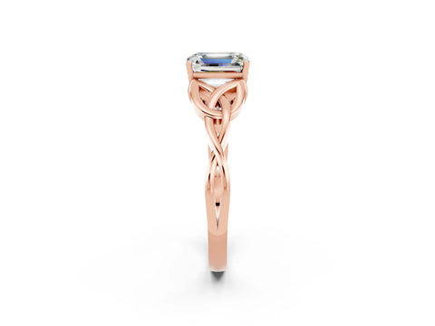 Rose gold Emerald Cut Moissanite Solitaire Engagement Ring with Celtic Knot Band and Four-Prong Setting_2