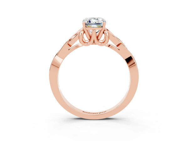 Rose gold Emerald Cut Moissanite Solitaire Engagement Ring with Celtic Knot Band and Four-Prong Setting