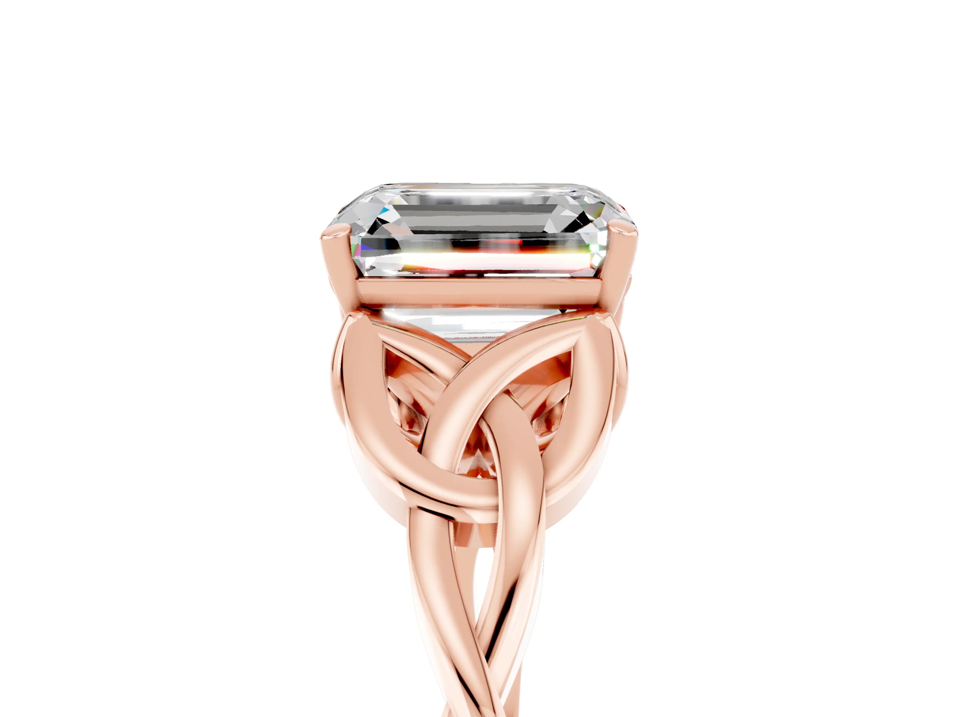 Rose gold Emerald Cut Moissanite Solitaire Engagement Ring with Celtic Knot Band and Four-Prong Setting_5