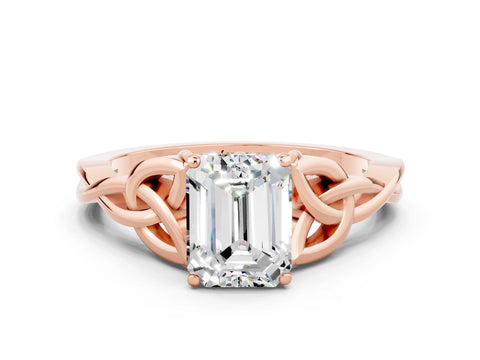 Rose gold Emerald Cut Moissanite Solitaire Engagement Ring with Celtic Knot Band and Four-Prong Setting
