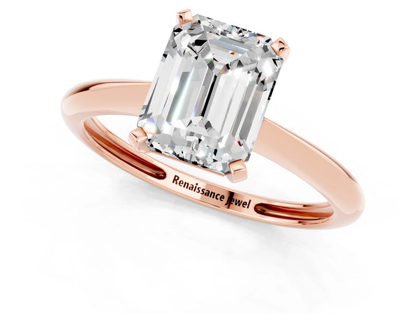 Rose gold Emerald Cut Moissanite Solitaire Engagement Ring with Classic Band and Four-Prong Setting