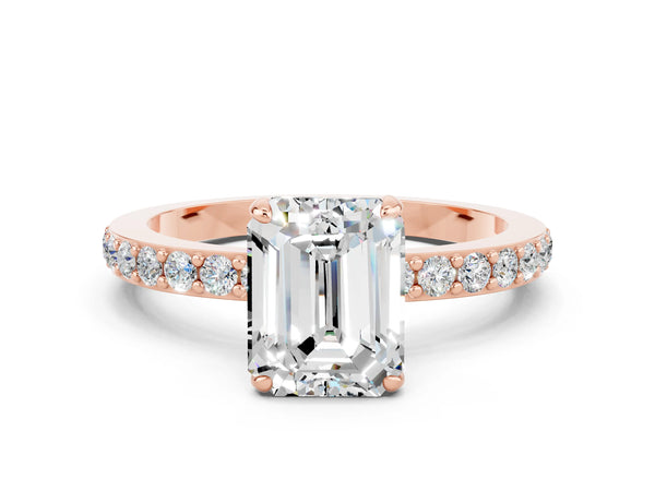Rose gold Emerald Cut Moissanite Solitaire Engagement Ring with Pavé Band and Four-Prong Setting