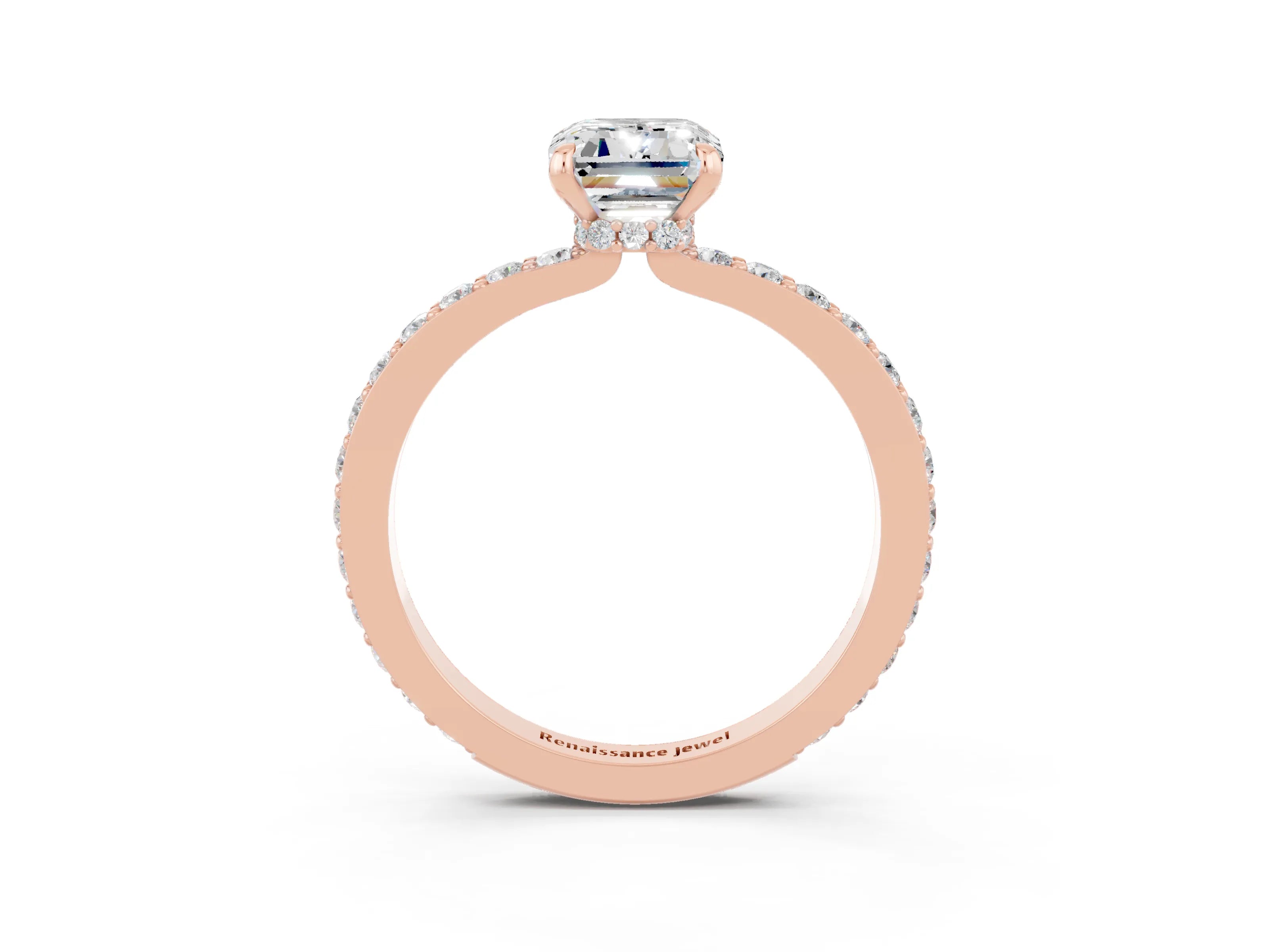 Rose gold Emerald Cut Moissanite Solitaire Engagement Ring with Pavé Band and Four-Prong Setting_3