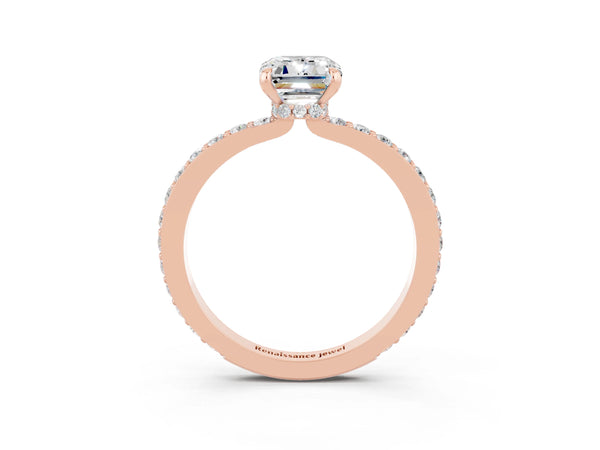 Rose gold Emerald Cut Moissanite Solitaire Engagement Ring with Pavé Band and Four-Prong Setting
