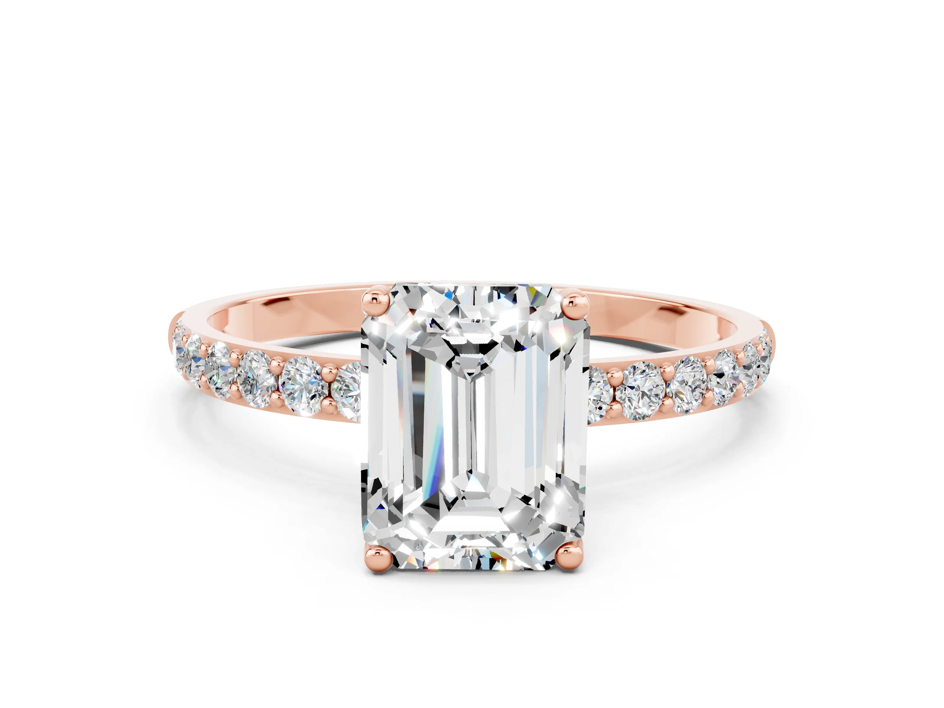 Rose gold Emerald Cut Moissanite Solitaire Engagement Ring with Pavé Band and Prong Setting
