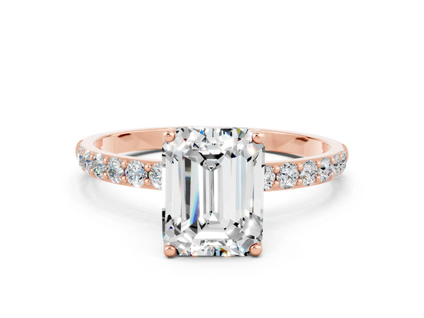 Rose gold Emerald Cut Moissanite Solitaire Engagement Ring with Round  Pavé Band and Prong Setting