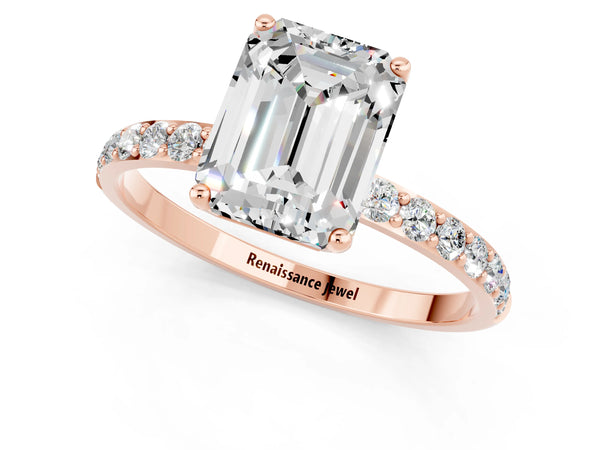 Rose gold Emerald Cut Moissanite Solitaire Engagement Ring with Round  Pavé Band and Prong Setting