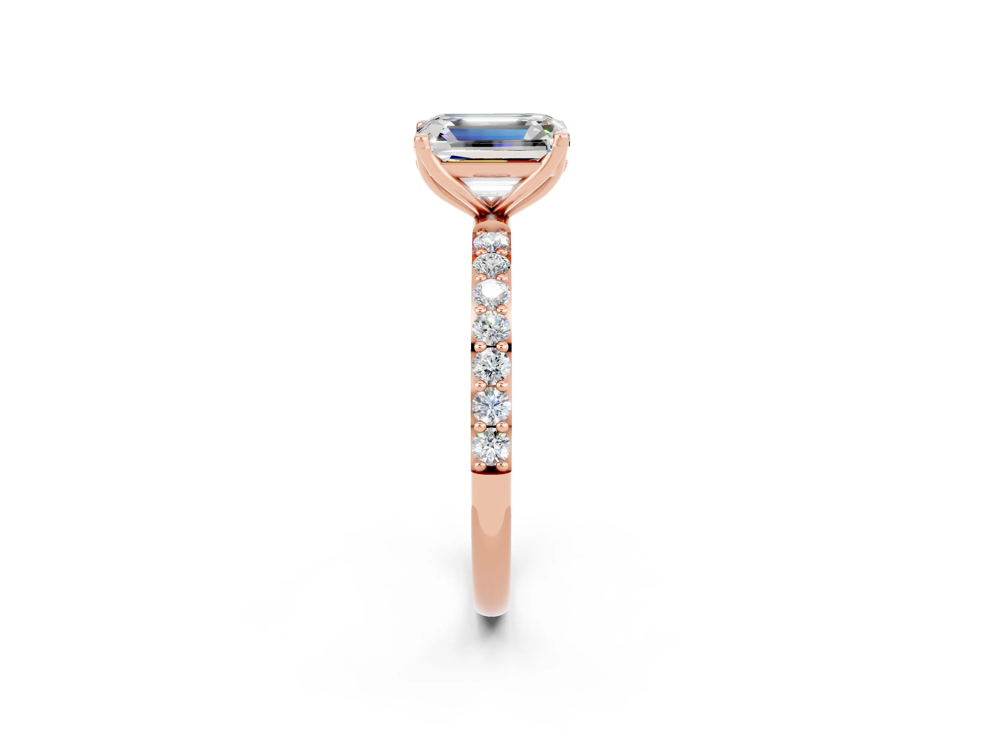 Rose gold Emerald Cut Moissanite Solitaire Engagement Ring with Pavé Band and Prong Setting_2
