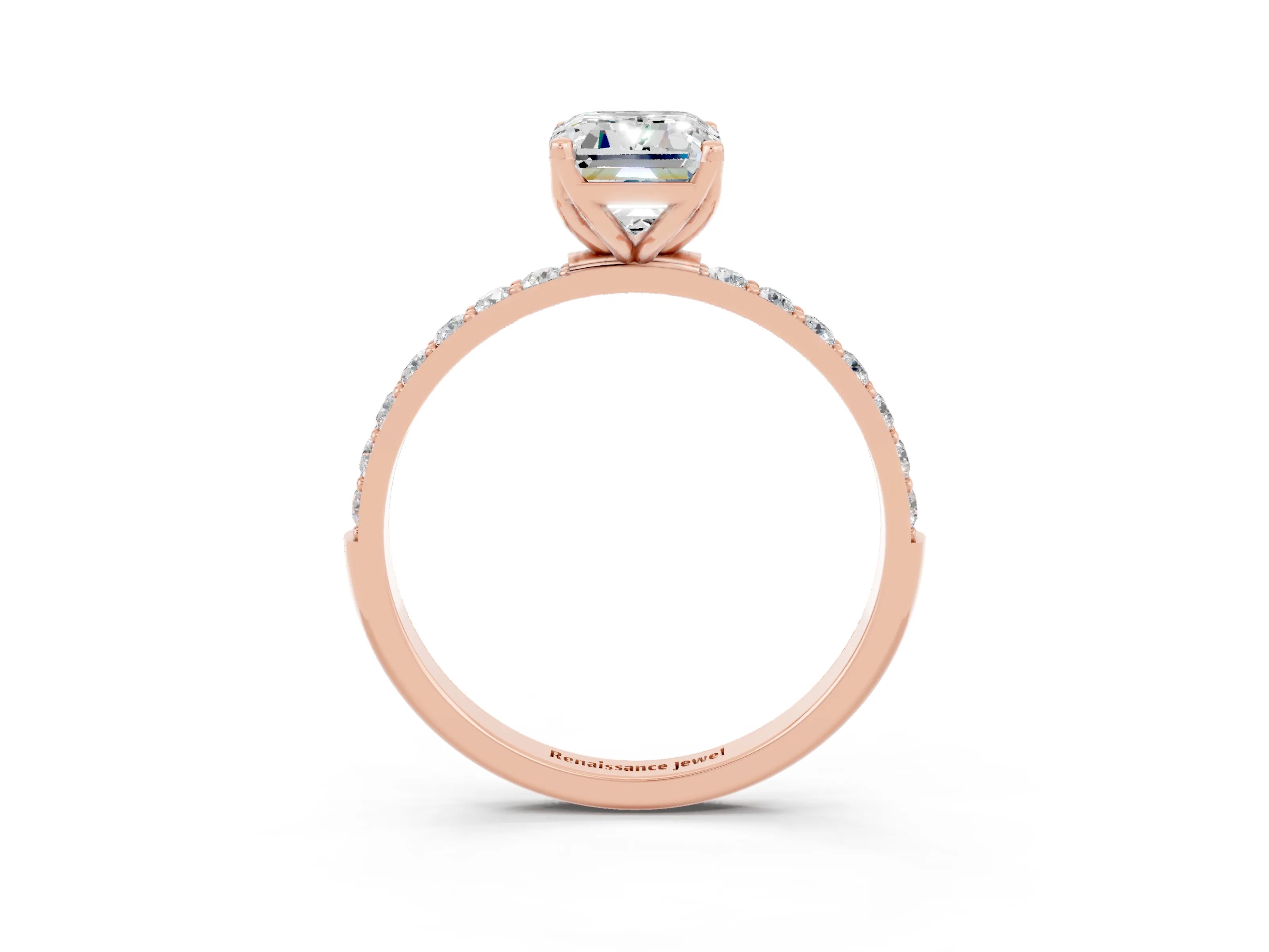 Rose gold Emerald Cut Moissanite Solitaire Engagement Ring with Pavé Band and Prong Setting_3