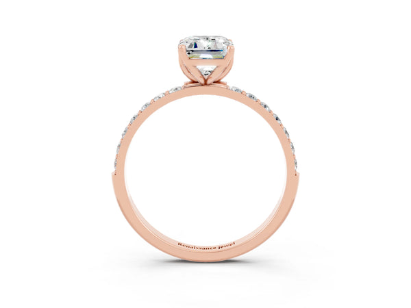Rose gold Emerald Cut Moissanite Solitaire Engagement Ring with Round  Pavé Band and Prong Setting
