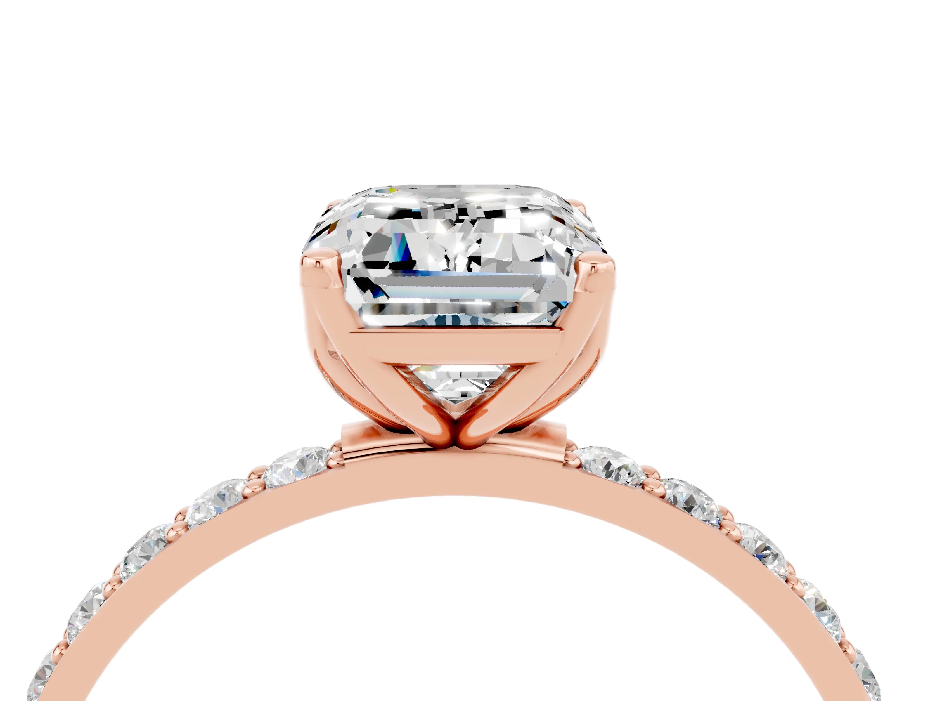 Rose gold Emerald Cut Moissanite Solitaire Engagement Ring with Pavé Band and Prong Setting_4