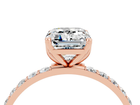 Rose gold Emerald Cut Moissanite Solitaire Engagement Ring with Pavé Band and Prong Setting_4