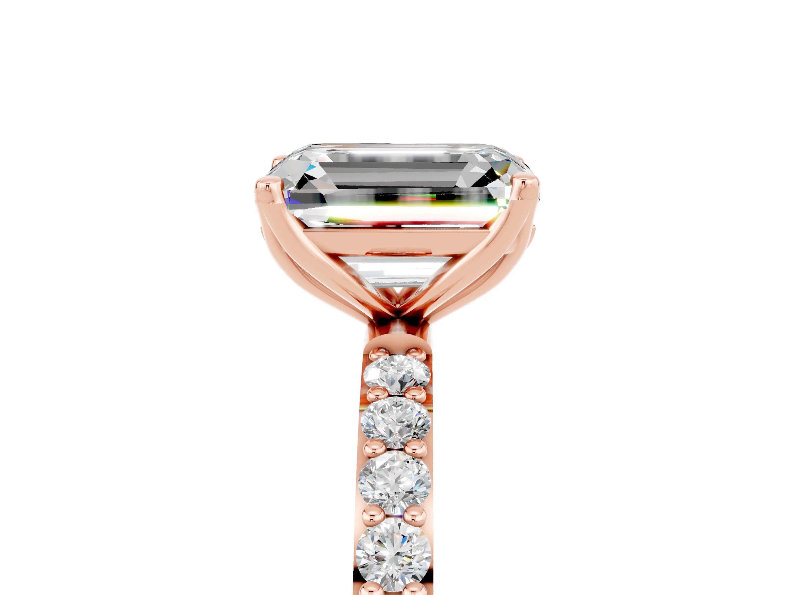 Rose gold Emerald Cut Moissanite Solitaire Engagement Ring with Pavé Band and Prong Setting_5