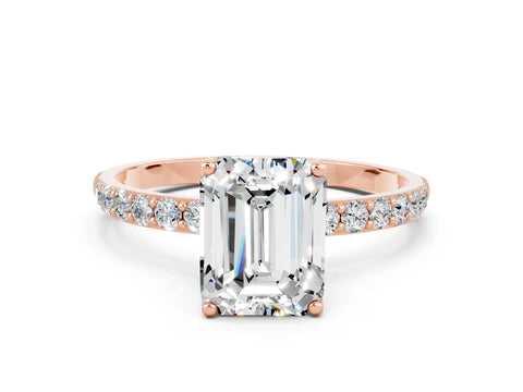 Rose gold Emerald Cut Moissanite Solitaire Engagement Ring with Pavé Band and Prong Setting