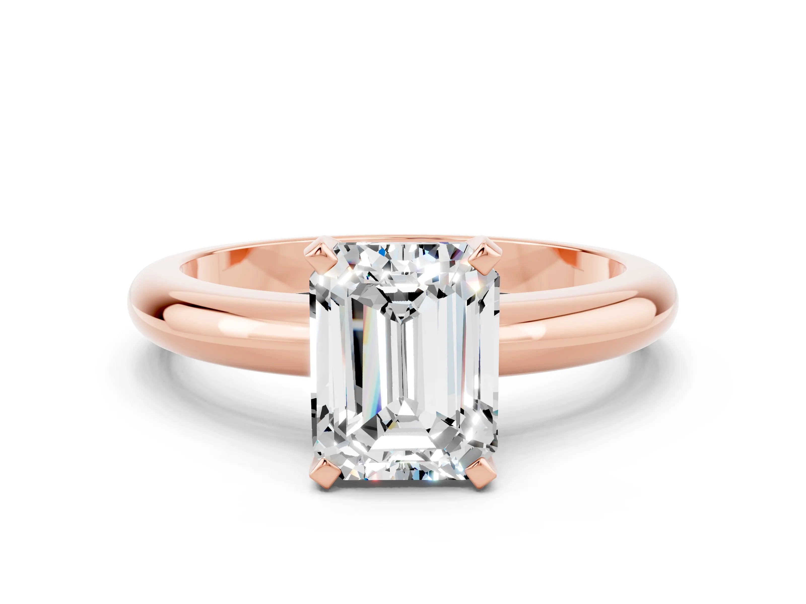 Rose gold Emerald Cut Moissanite Solitaire Engagement Ring with Round Band and Four-Prong Setting