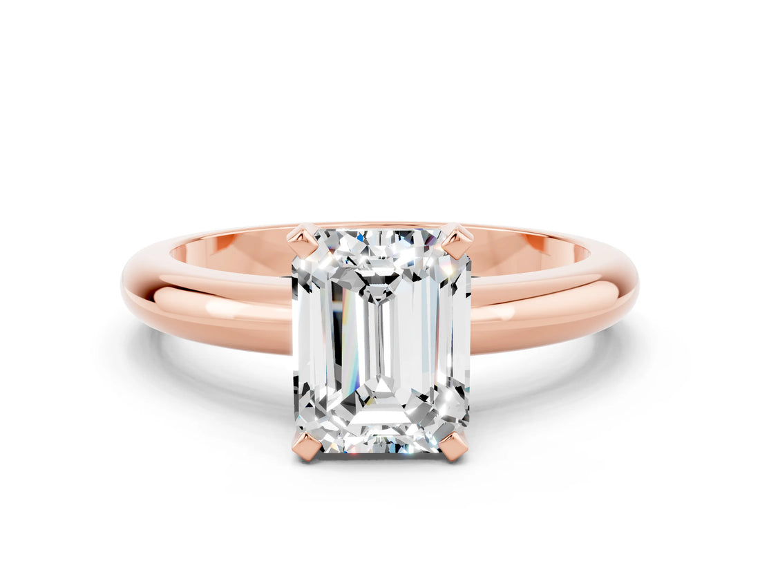 Rose gold Emerald Cut Moissanite Solitaire Engagement Ring with Round Band and Four-Prong Setting