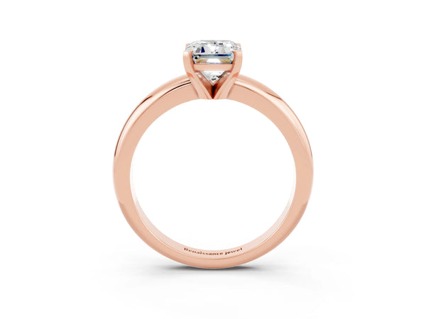 Rose gold Emerald Cut Moissanite Solitaire Engagement Ring with Round Band and Four-Prong Setting