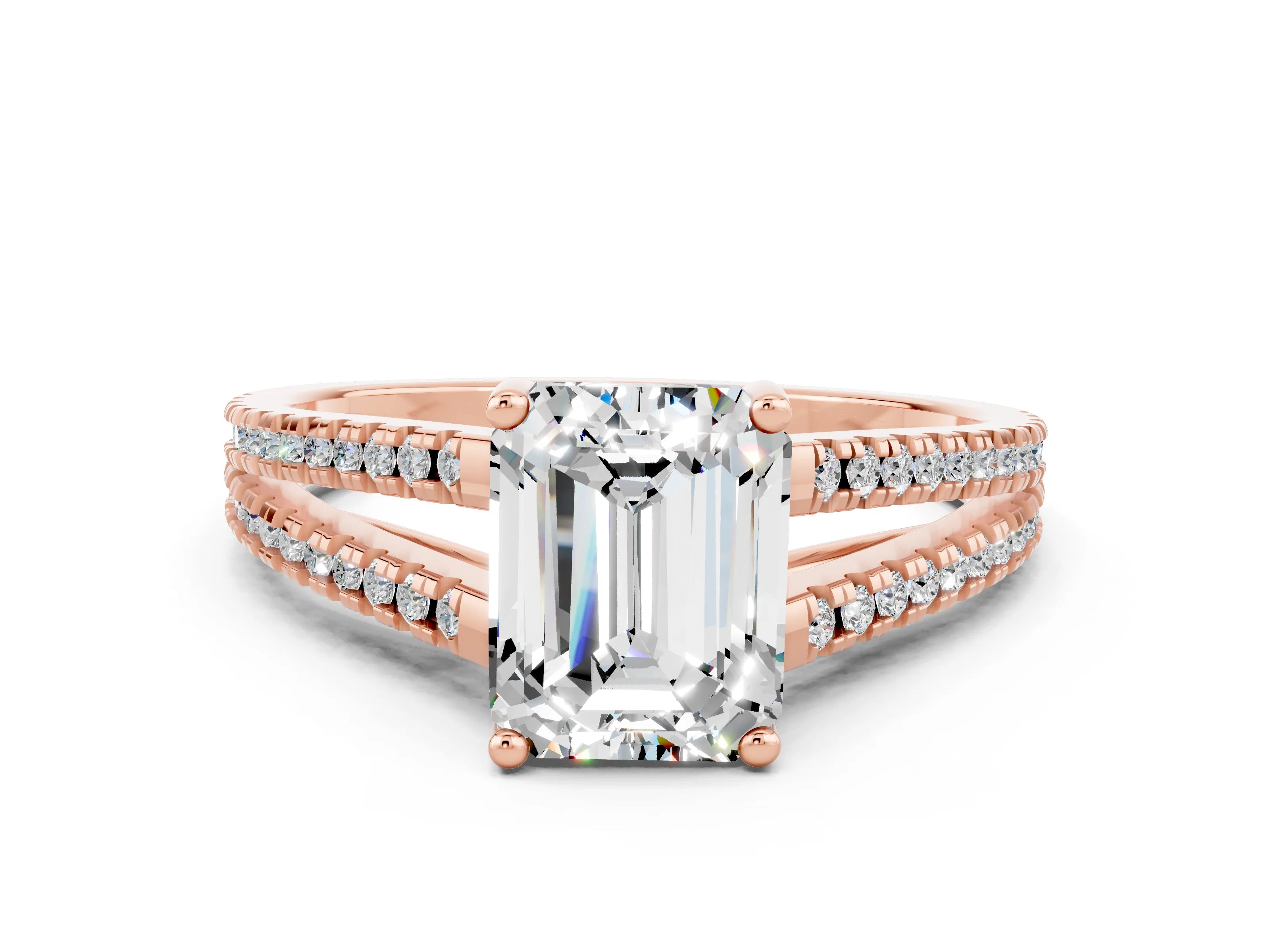 Rose gold Emerald Cut Moissanite Solitaire Engagement Ring with Split Shank Pavé Band