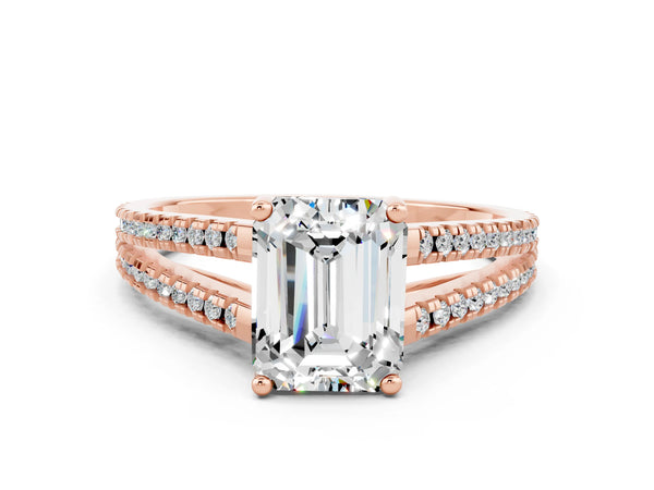 Rose gold Emerald Cut Moissanite Solitaire Engagement Ring with Split Shank Pavé Band