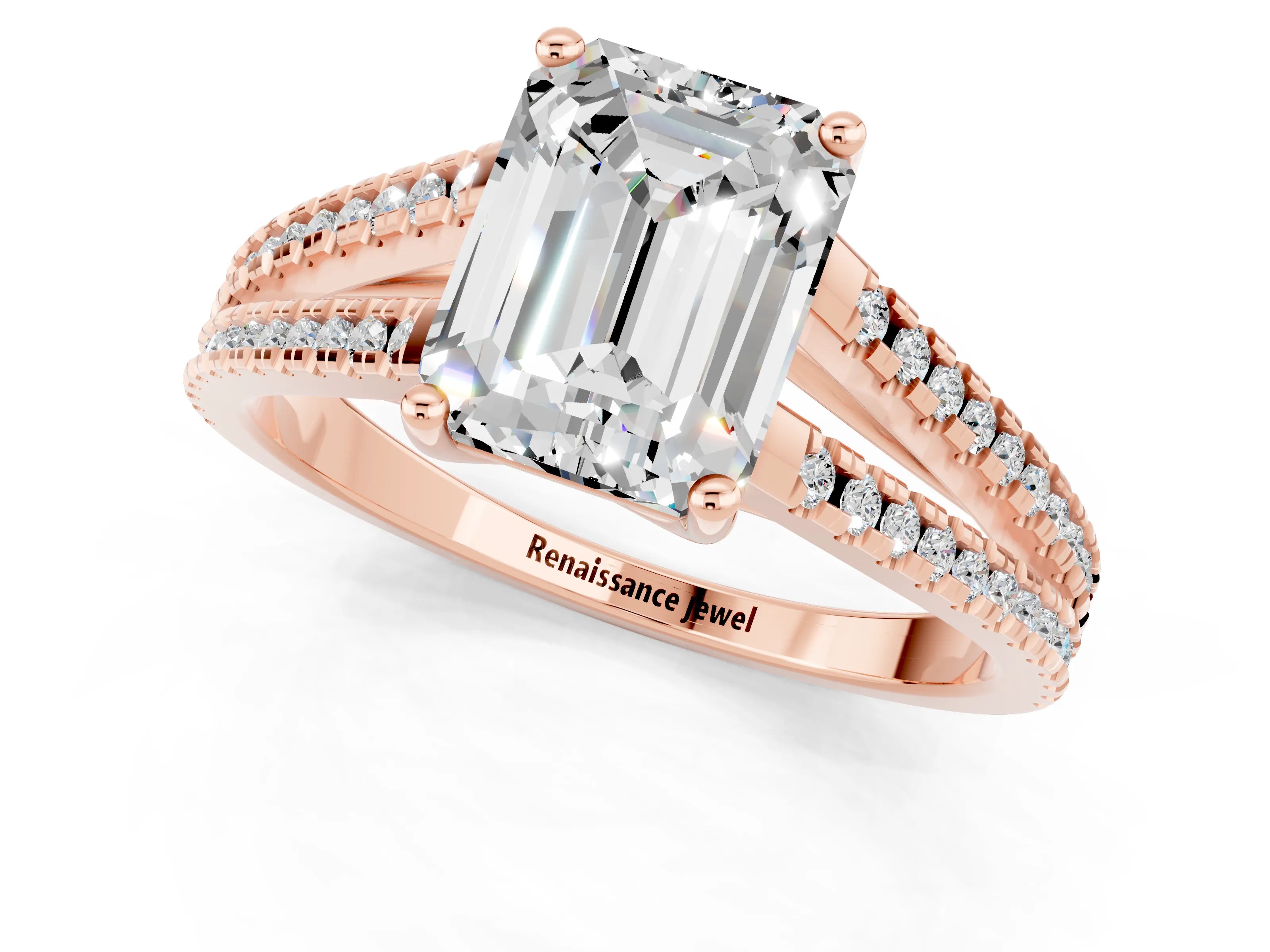 Rose gold Emerald Cut Moissanite Solitaire Engagement Ring with Split Shank Pavé Band_1