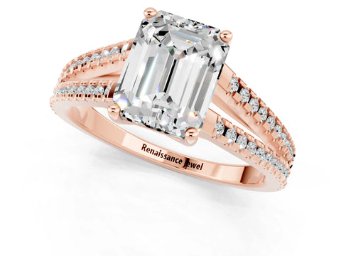 Rose gold Emerald Cut Moissanite Solitaire Engagement Ring with Split Shank Pavé Band_1