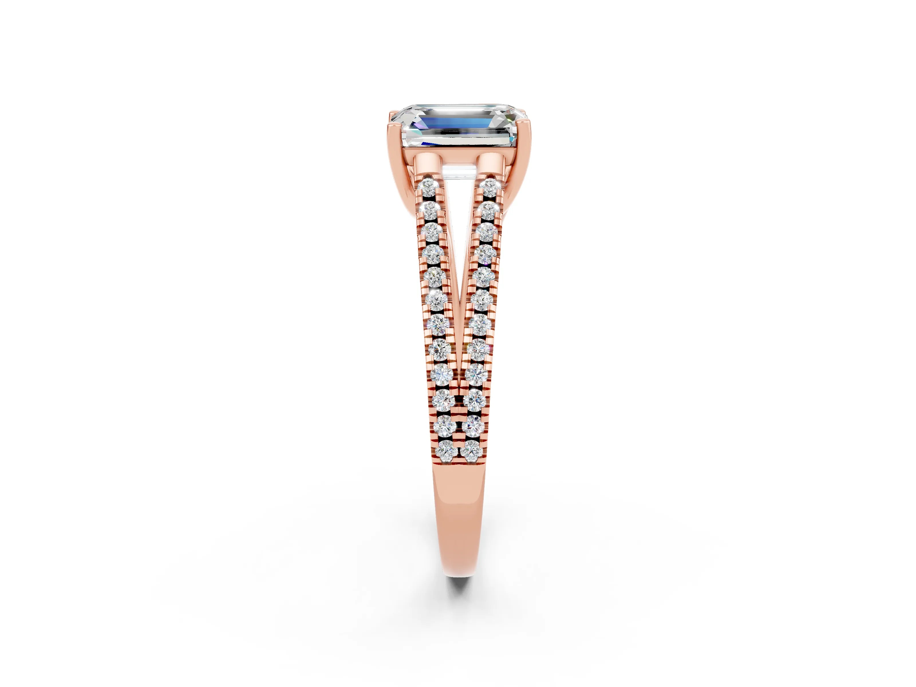 Rose gold Emerald Cut Moissanite Solitaire Engagement Ring with Split Shank Pavé Band_2
