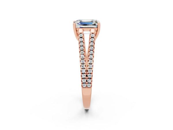Rose gold Emerald Cut Moissanite Solitaire Engagement Ring with Split Shank Pavé Band