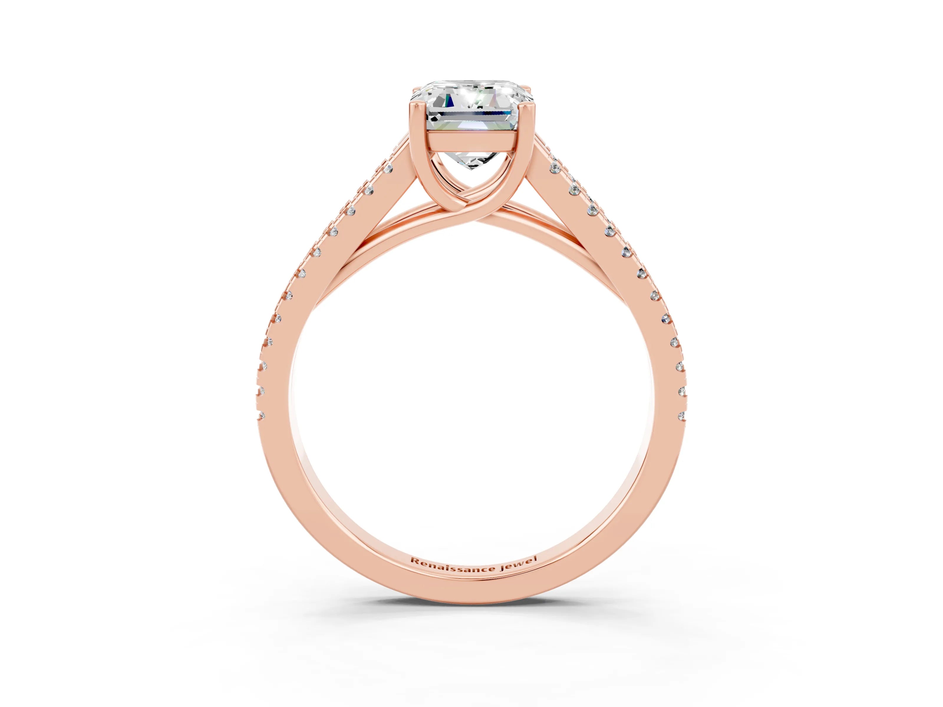 Rose gold Emerald Cut Moissanite Solitaire Engagement Ring with Split Shank Pavé Band_3