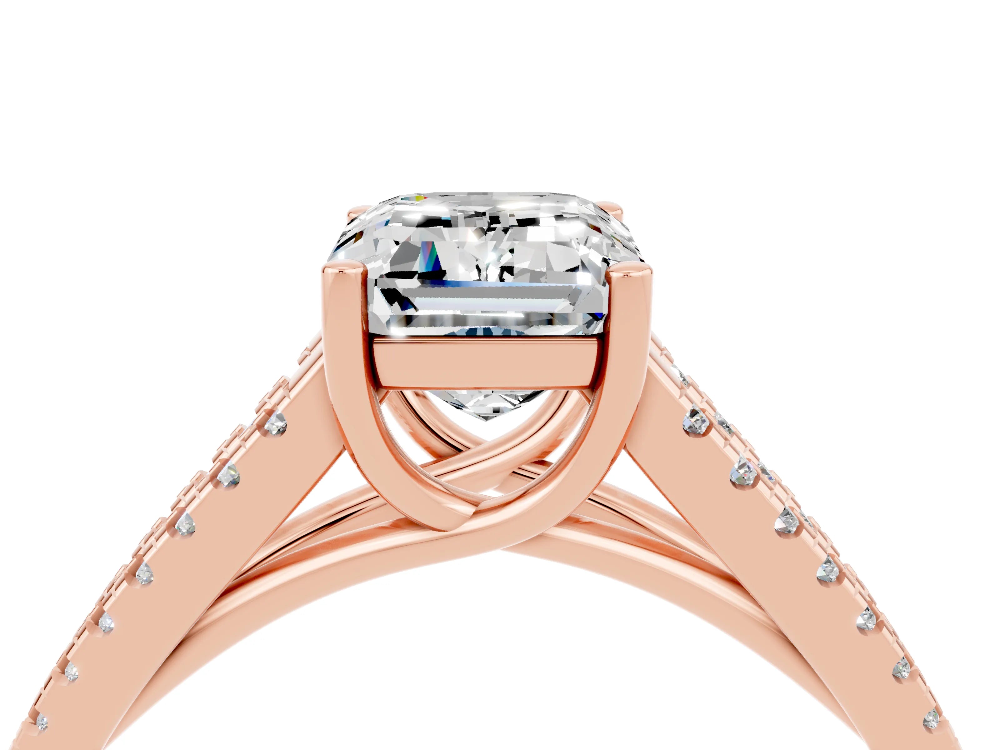 Rose gold Emerald Cut Moissanite Solitaire Engagement Ring with Split Shank Pavé Band_4