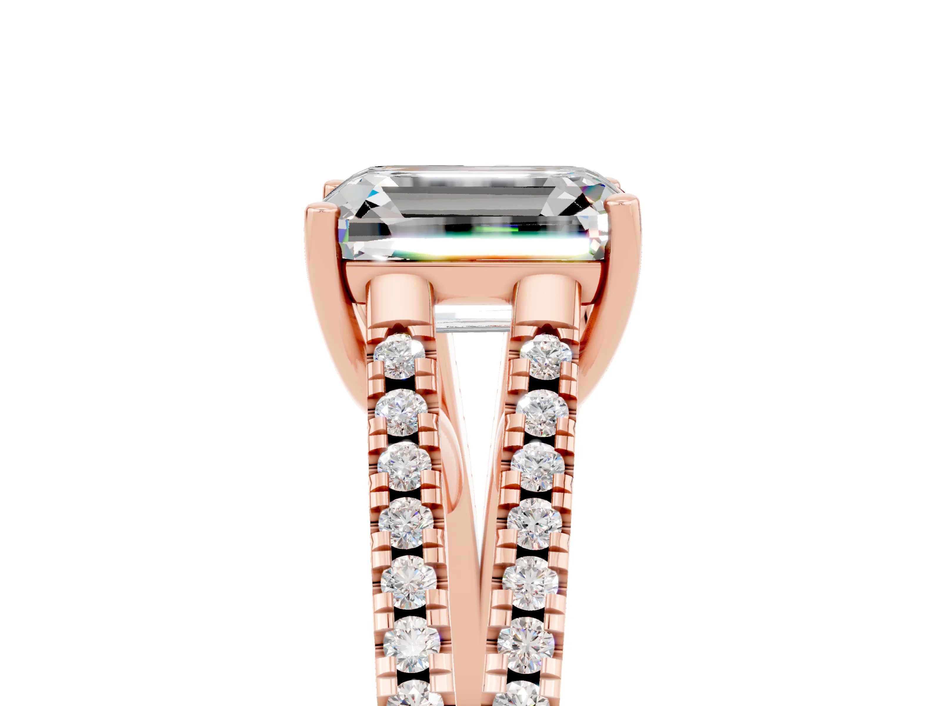 Rose gold Emerald Cut Moissanite Solitaire Engagement Ring with Split Shank Pavé Band_5
