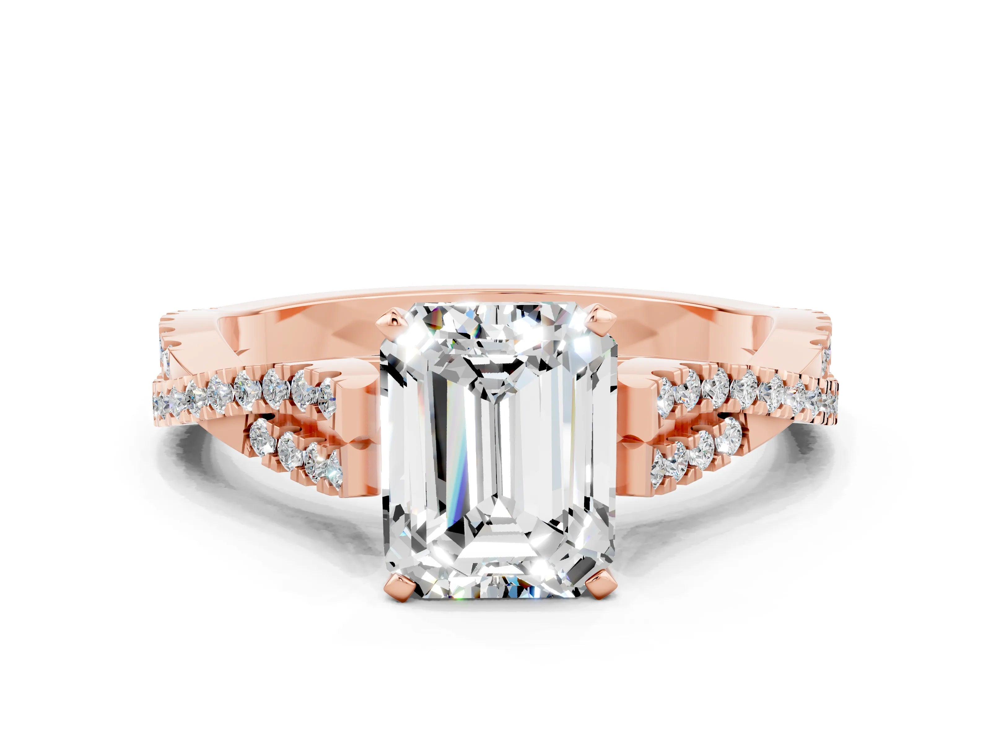 Rose gold Emerald Cut Moissanite Solitaire Engagement Ring with Twisted Pavé Band and Four-Prong Setting