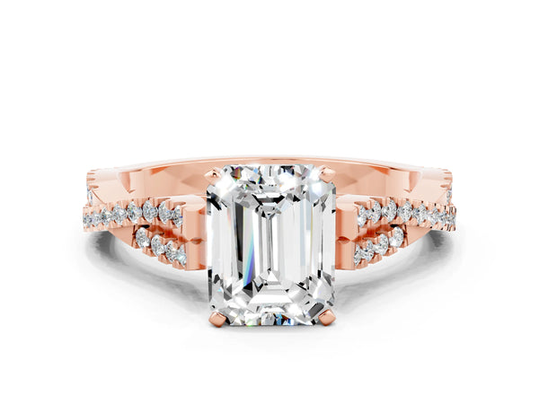 Rose gold Emerald Cut Moissanite Solitaire Engagement Ring with Twisted Pavé Band and Four-Prong Setting