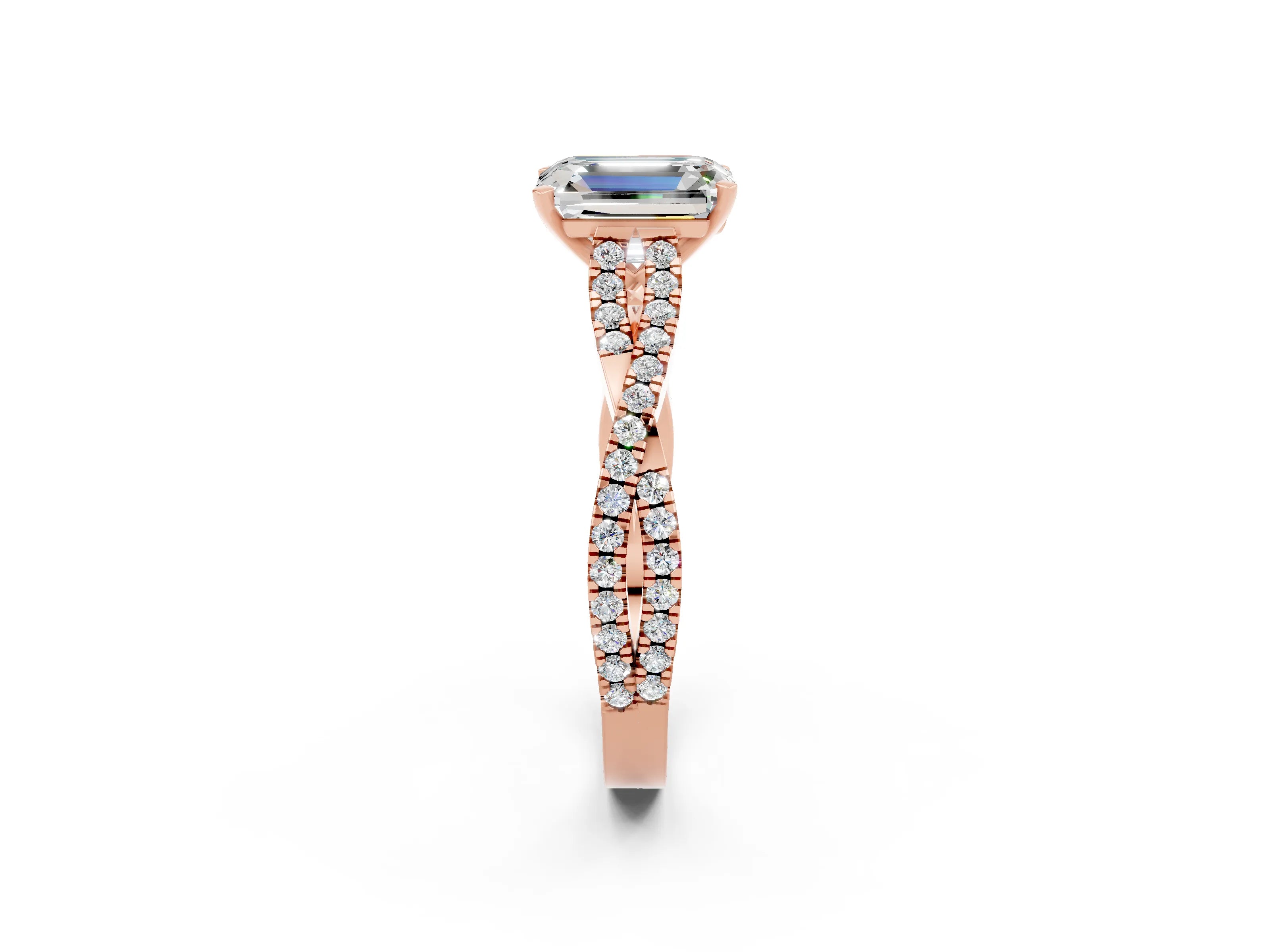 Rose gold Emerald Cut Moissanite Solitaire Engagement Ring with Twisted Pavé Band and Four-Prong Setting_2