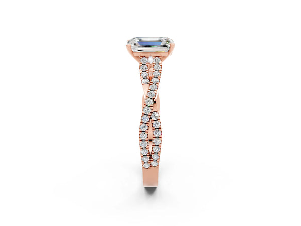 Rose gold Emerald Cut Moissanite Solitaire Engagement Ring with Twisted Pavé Band and Four-Prong Setting