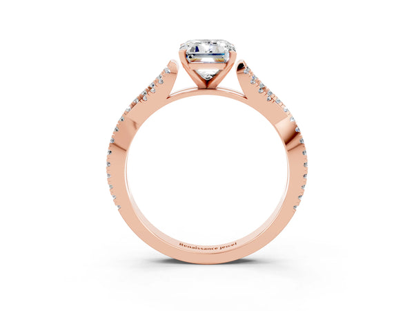 Rose gold Emerald Cut Moissanite Solitaire Engagement Ring with Twisted Pavé Band and Four-Prong Setting