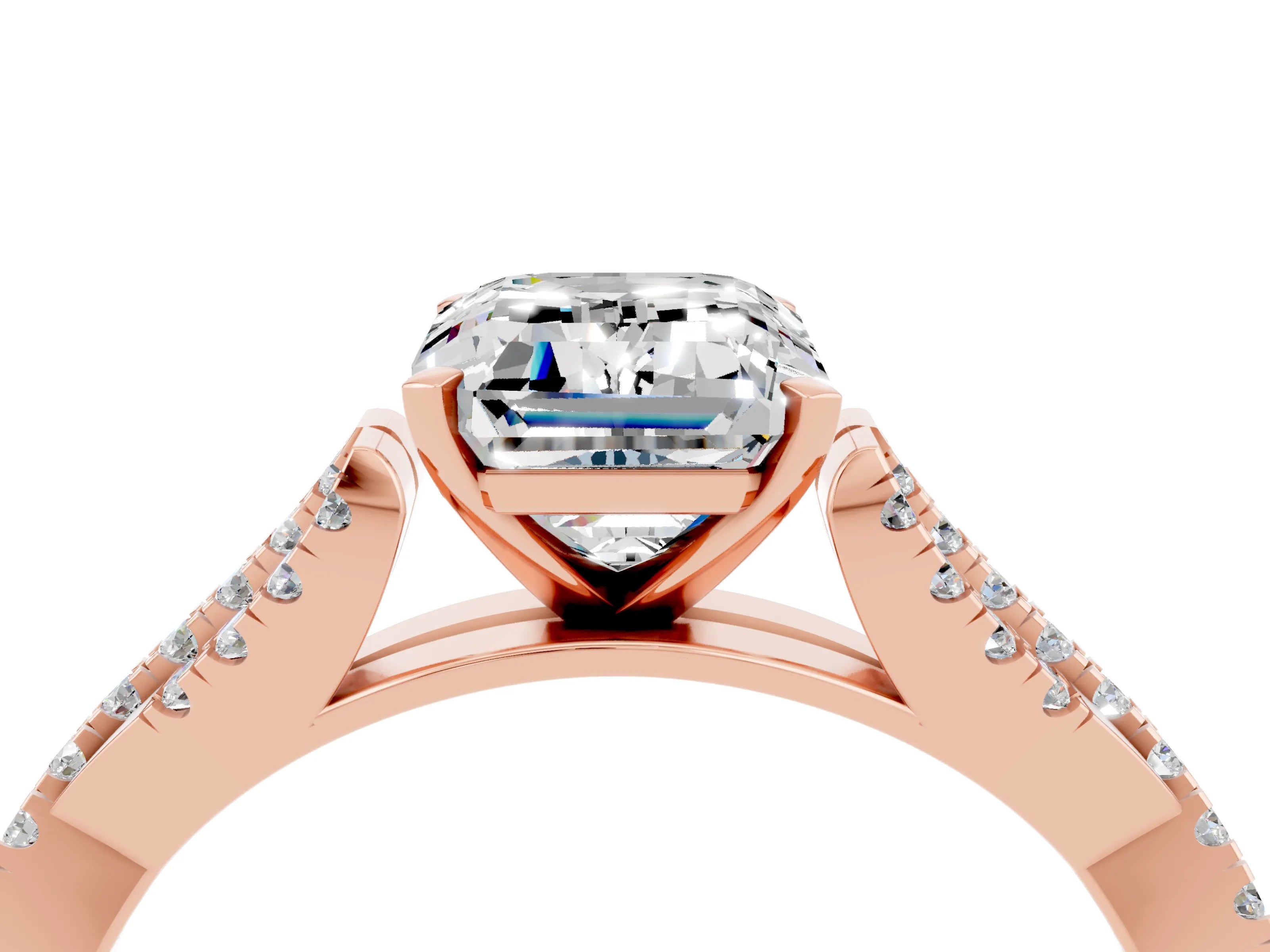 Rose gold Emerald Cut Moissanite Solitaire Engagement Ring with Twisted Pavé Band and Four-Prong Setting_4