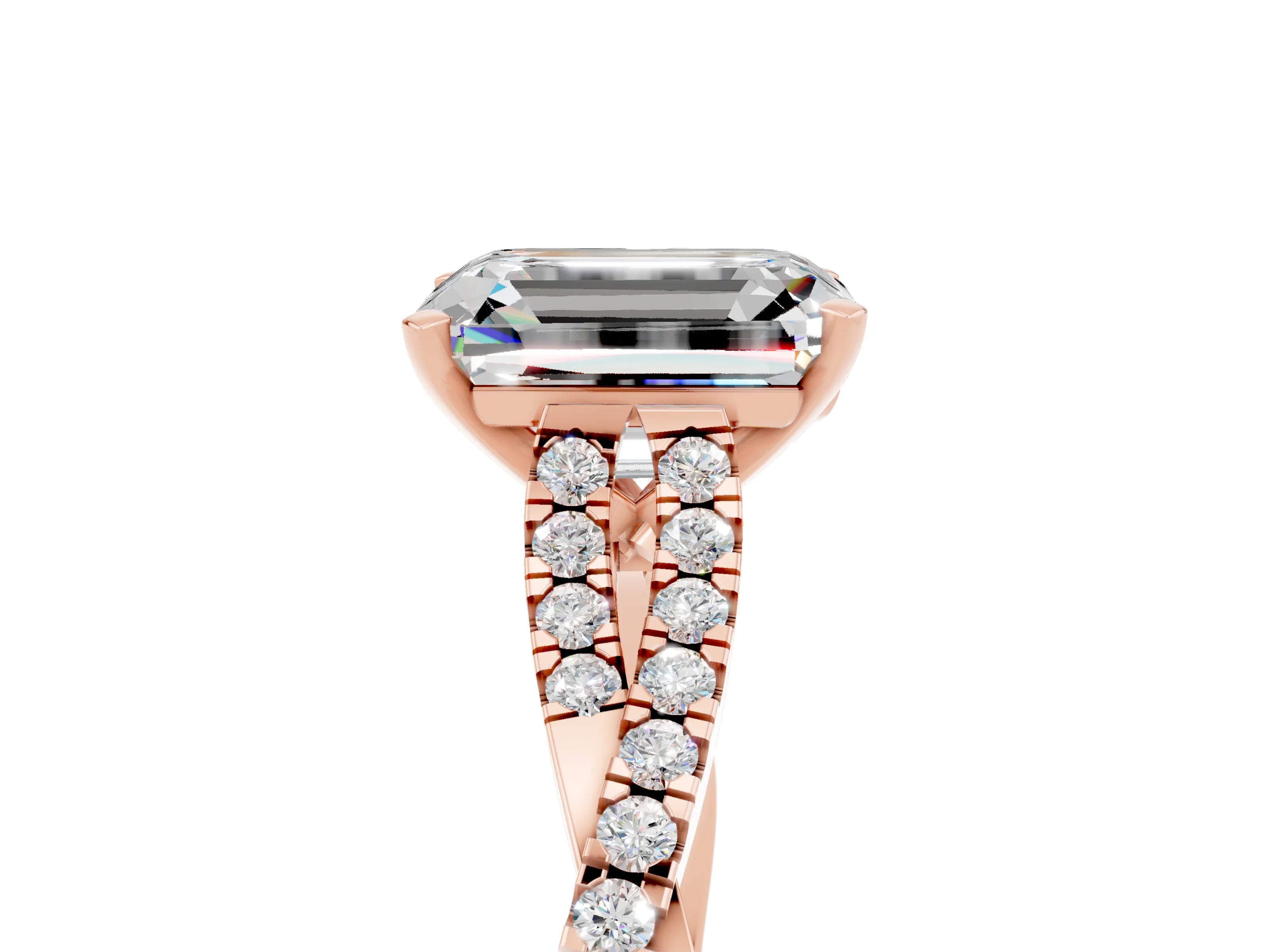Rose gold Emerald Cut Moissanite Solitaire Engagement Ring with Twisted Pavé Band and Four-Prong Setting_5