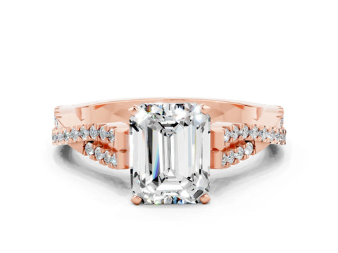 Rose gold Emerald Cut Moissanite Solitaire Engagement Ring with Twisted Pavé Band and Four-Prong Setting