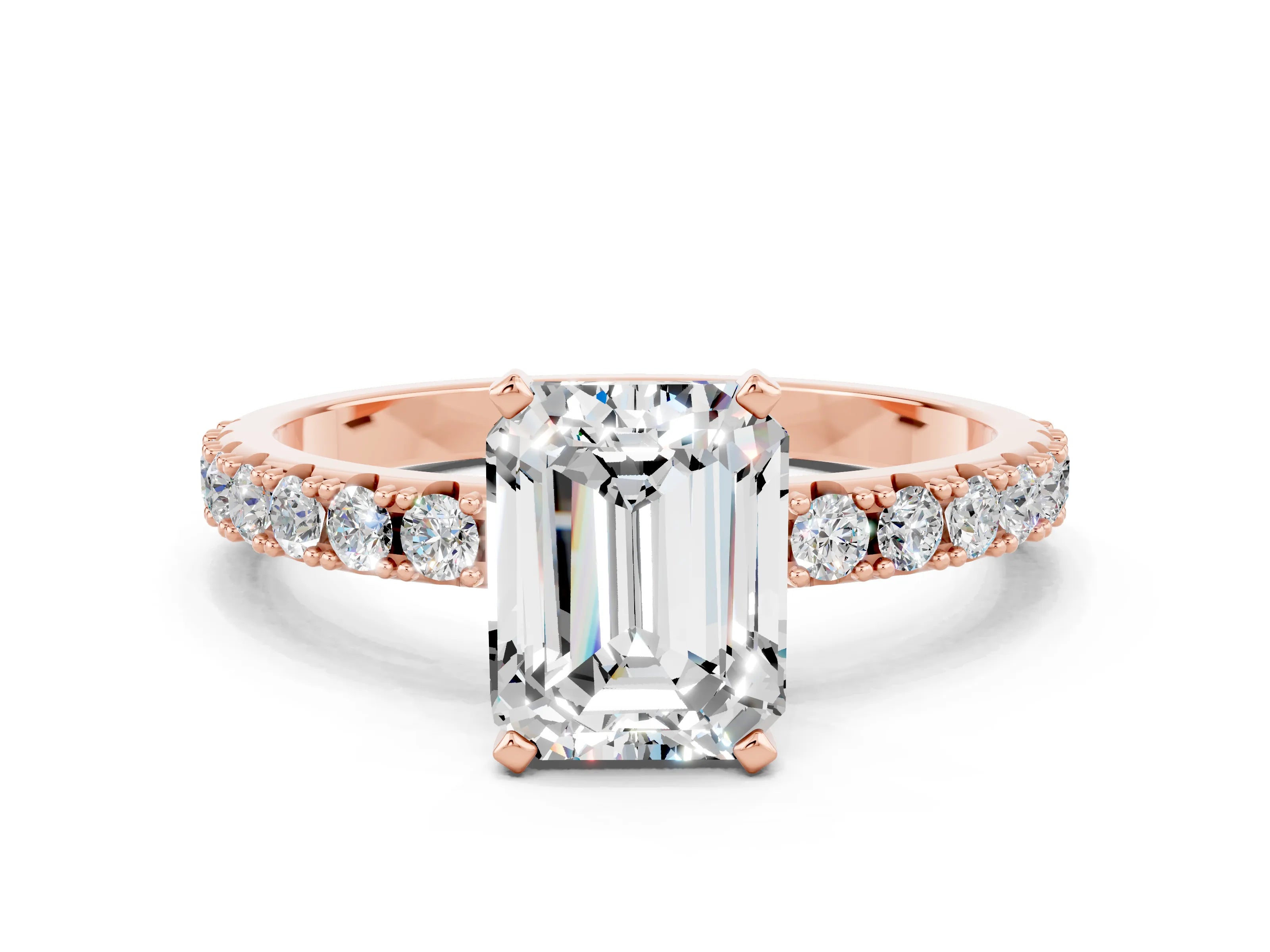 Rose gold Emerald Cut Moissanite Solitaire Pavé Band with Four-Prong Setting