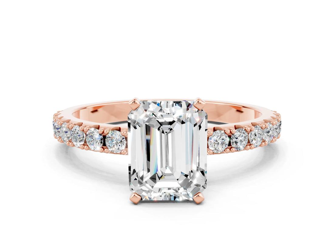 Rose gold Emerald Cut Moissanite Solitaire Pavé Band with Four-Prong Setting