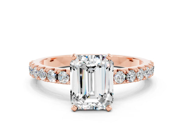 Rose gold Emerald Cut Moissanite Solitaire Pavé Band with Four-Prong Setting