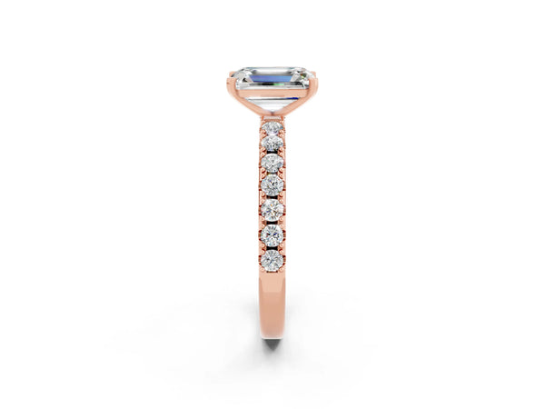 Rose gold Emerald Cut Moissanite Solitaire Pavé Band with Four-Prong Setting