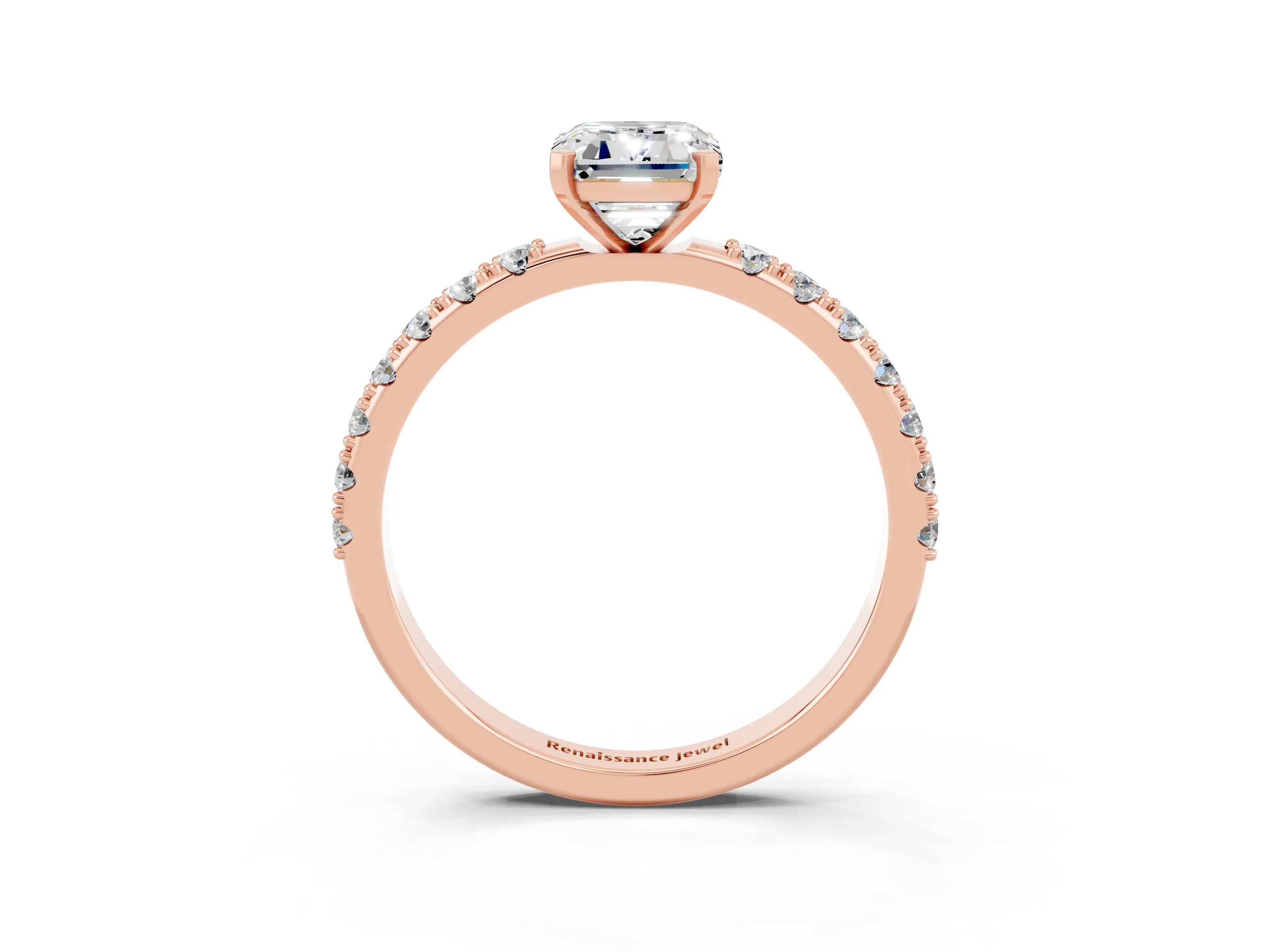 Rose gold Emerald Cut Moissanite Solitaire Pavé Band with Four-Prong Setting_3